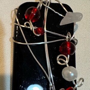 Handmade wire wrapped large black stone base pendant red white stones